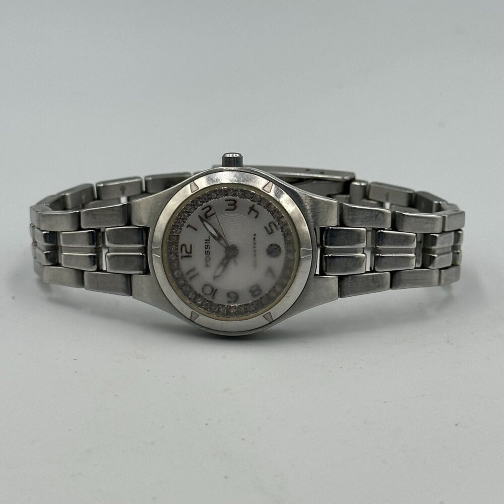 3/$30 Fossil Watch Women Silver Tone White Dial Date Flawed Crystal 7.25" - Picture 7 of 14